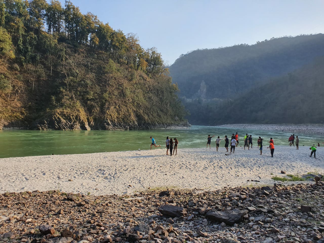 Private white sand beach on the Ganga near the resort