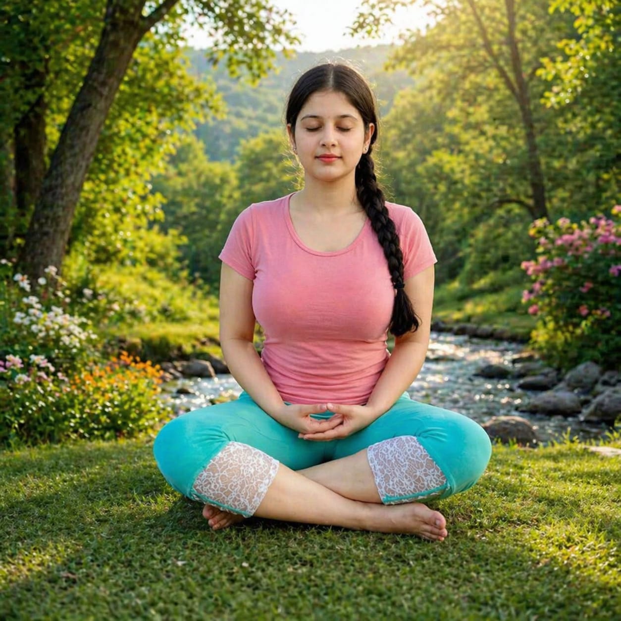 Woman meditating on the grass beside a river