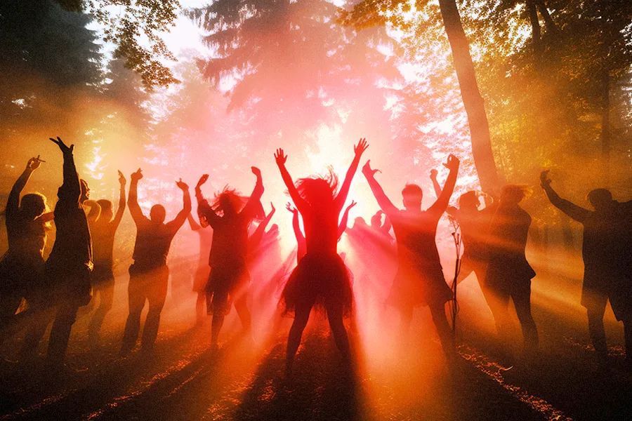 Group dancing freely in a forest at golden hour