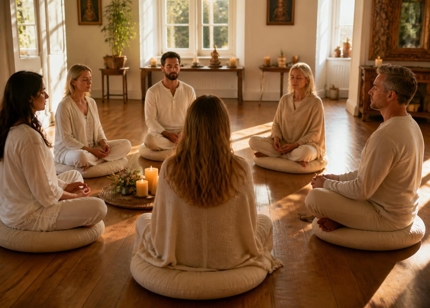 A small group sitting in a calm meditation circle